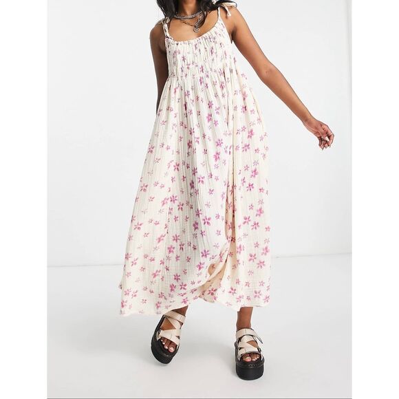 Free People textured floral print midi smock dress size S Cream Pink Ditsy Boho - Picture 1 of 13